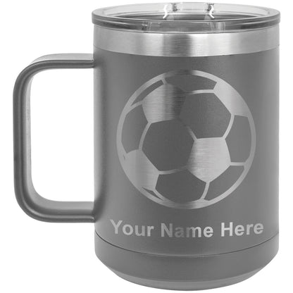 15oz Vacuum Insulated Coffee Mug, Soccer Ball, Personalized Engraving Included