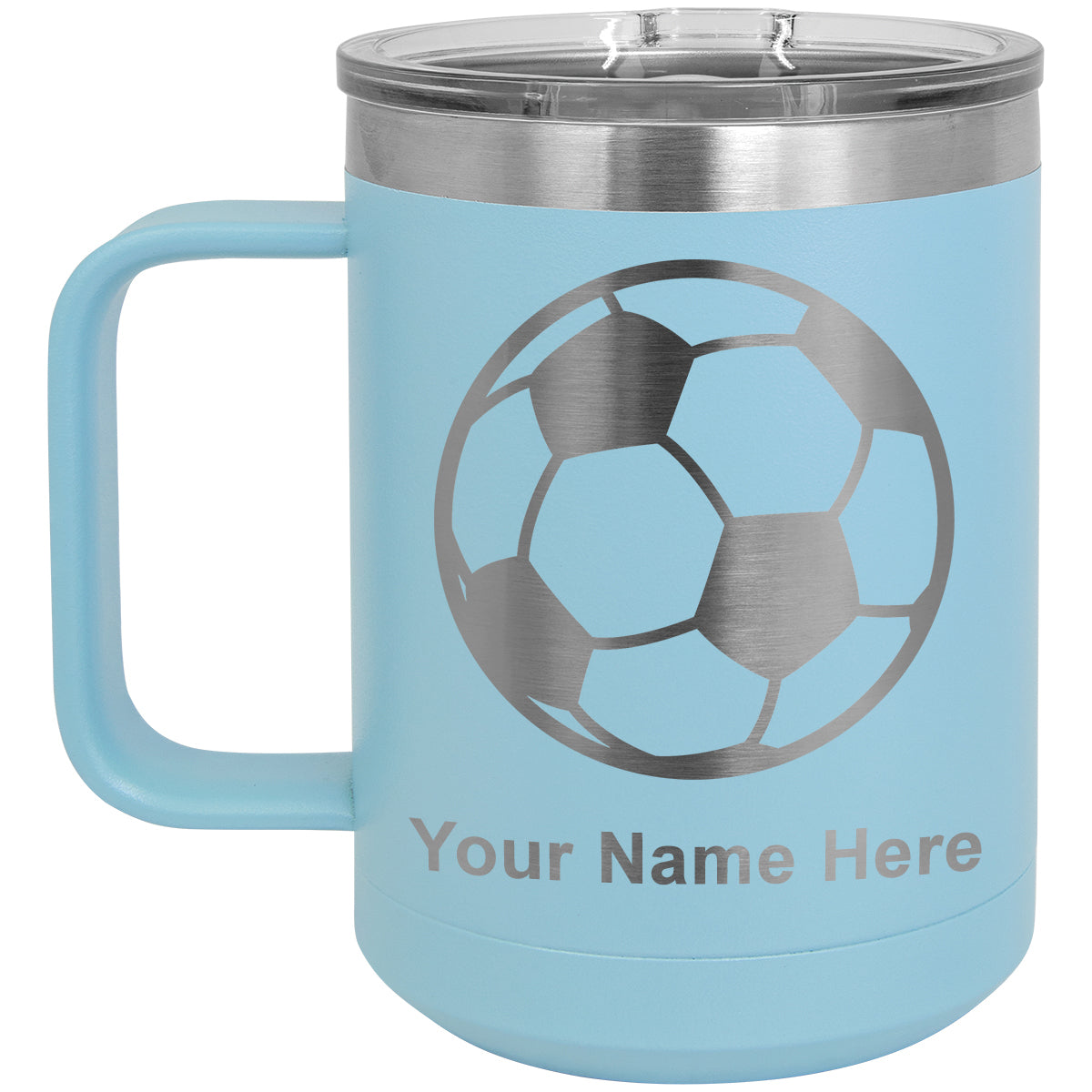 15oz Vacuum Insulated Coffee Mug, Soccer Ball, Personalized Engraving Included