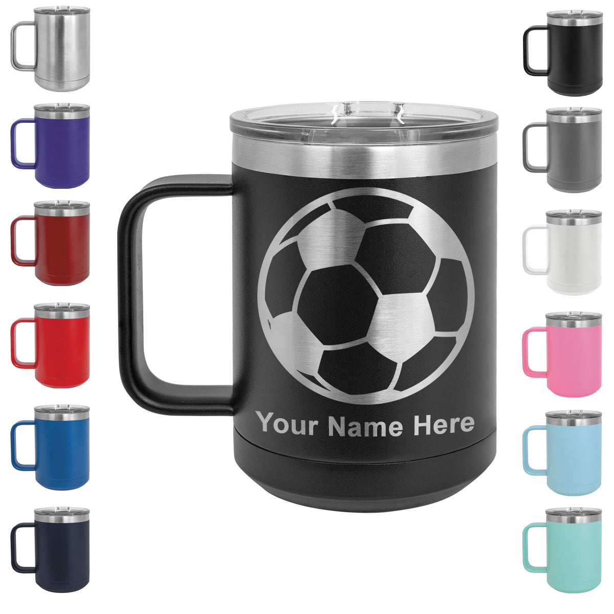 15oz Vacuum Insulated Coffee Mug, Soccer Ball, Personalized Engraving Included