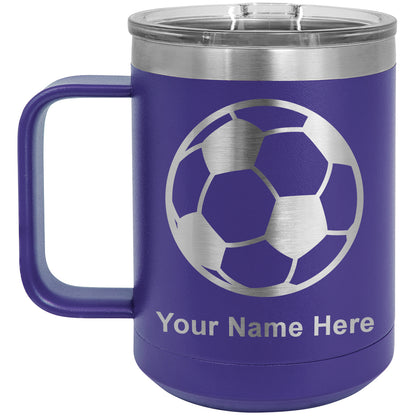15oz Vacuum Insulated Coffee Mug, Soccer Ball, Personalized Engraving Included