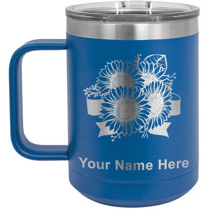 15oz Vacuum Insulated Coffee Mug, Sunflowers, Personalized Engraving Included