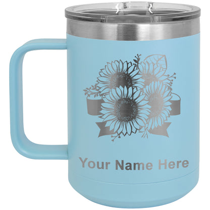 15oz Vacuum Insulated Coffee Mug, Sunflowers, Personalized Engraving Included