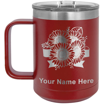 15oz Vacuum Insulated Coffee Mug, Sunflowers, Personalized Engraving Included