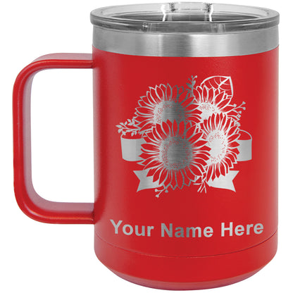 15oz Vacuum Insulated Coffee Mug, Sunflowers, Personalized Engraving Included