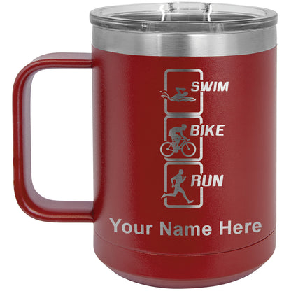 15oz Vacuum Insulated Coffee Mug, Swim Bike Run Vertical, Personalized Engraving Included