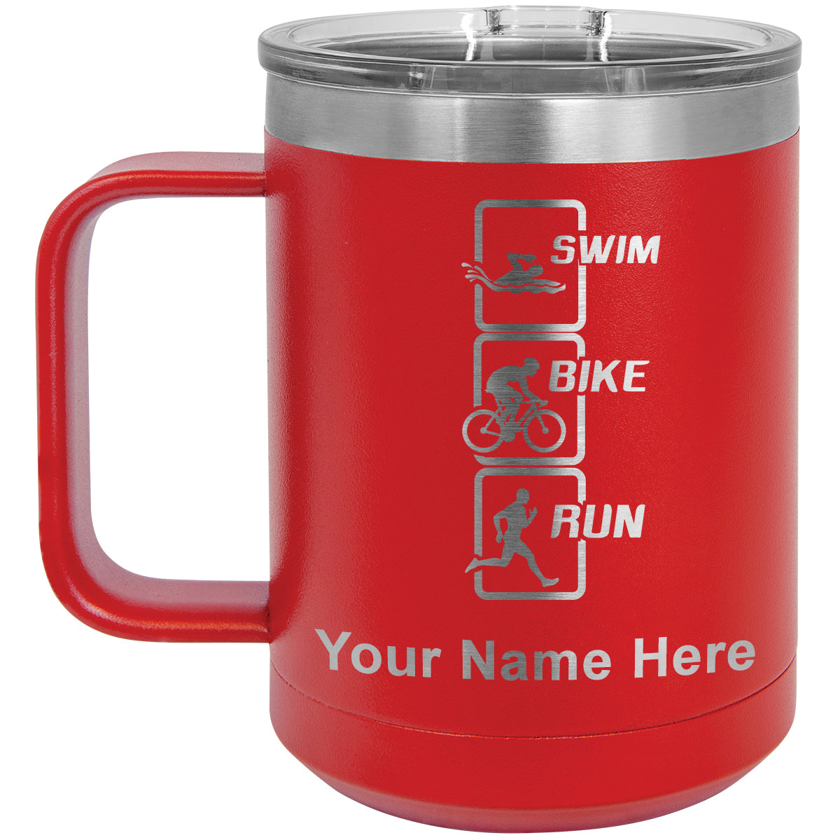 15oz Vacuum Insulated Coffee Mug, Swim Bike Run Vertical, Personalized Engraving Included
