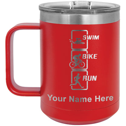 15oz Vacuum Insulated Coffee Mug, Swim Bike Run Vertical, Personalized Engraving Included