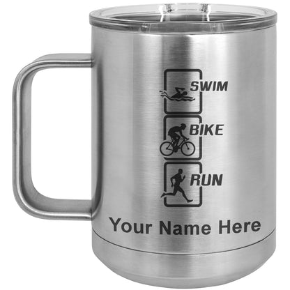 15oz Vacuum Insulated Coffee Mug, Swim Bike Run Vertical, Personalized Engraving Included
