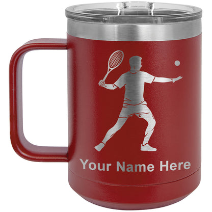 15oz Vacuum Insulated Coffee Mug, Tennis Player Man, Personalized Engraving Included
