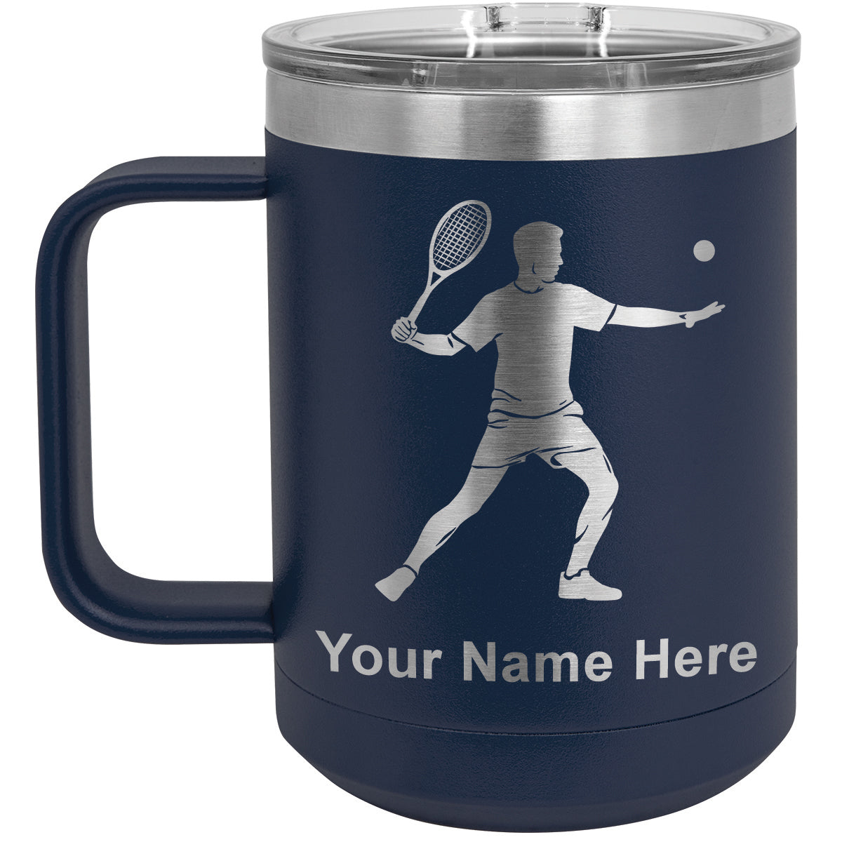 15oz Vacuum Insulated Coffee Mug, Tennis Player Man, Personalized Engraving Included