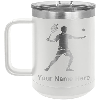 15oz Vacuum Insulated Coffee Mug, Tennis Player Man, Personalized Engraving Included
