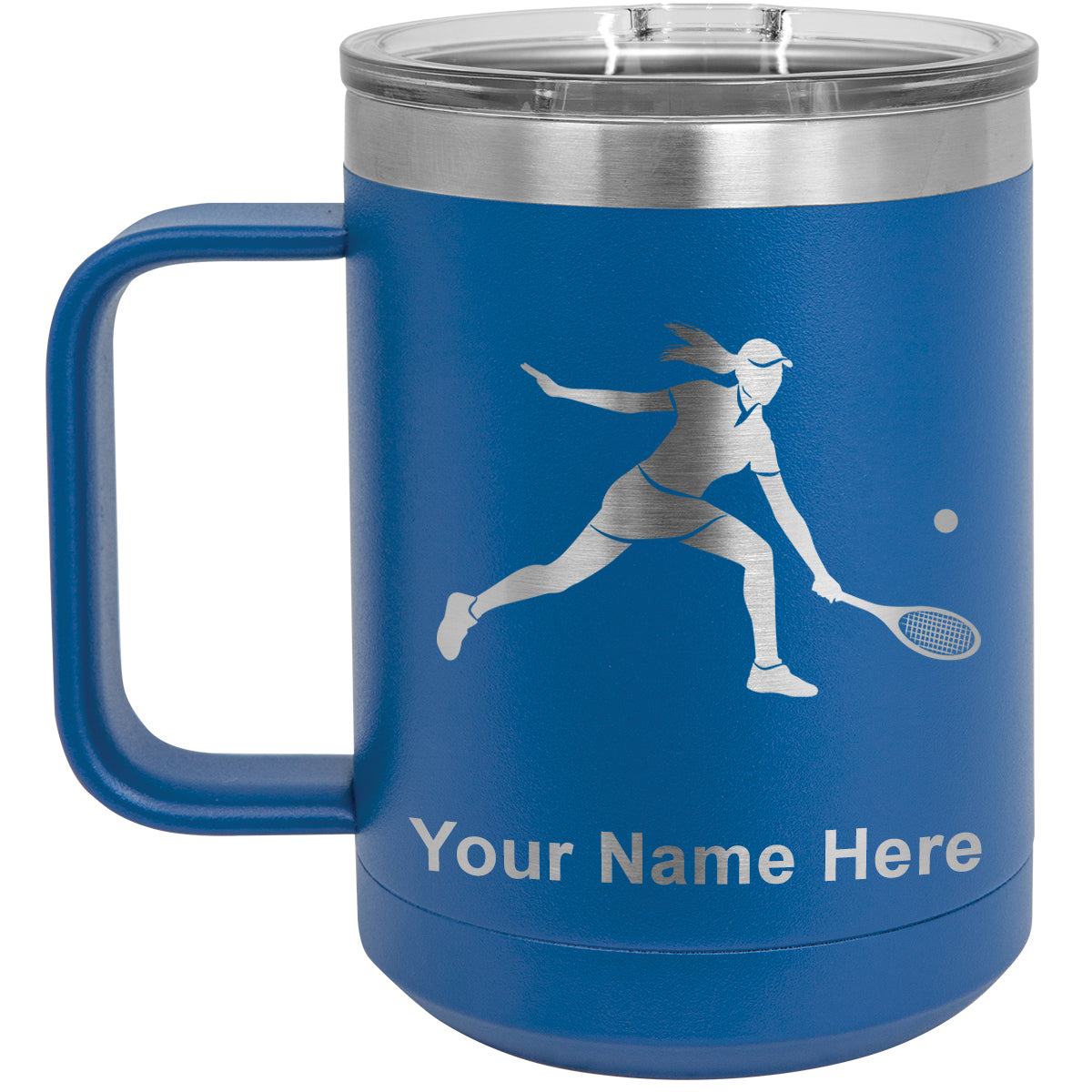 15oz Vacuum Insulated Coffee Mug, Tennis Player Woman, Personalized Engraving Included