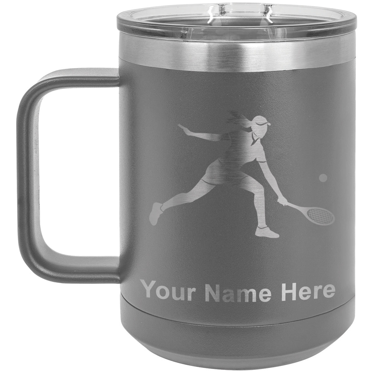 15oz Vacuum Insulated Coffee Mug, Tennis Player Woman, Personalized Engraving Included
