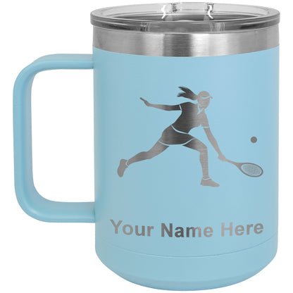 15oz Vacuum Insulated Coffee Mug, Tennis Player Woman, Personalized Engraving Included
