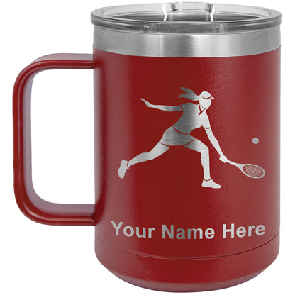15oz Vacuum Insulated Coffee Mug, Tennis Player Woman, Personalized Engraving Included