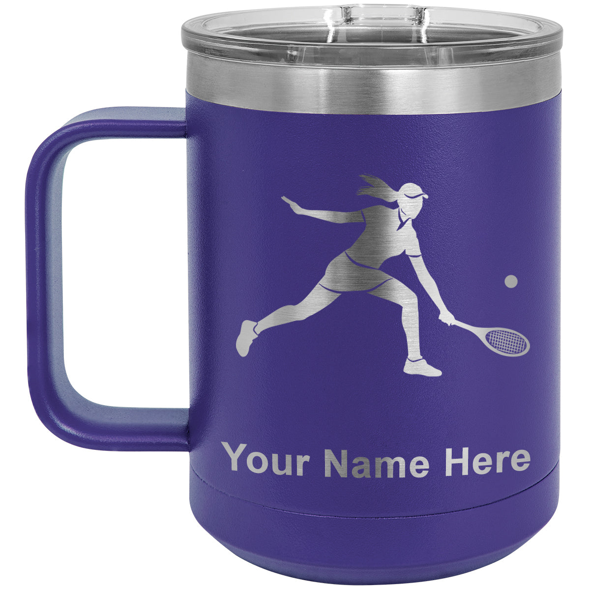 15oz Vacuum Insulated Coffee Mug, Tennis Player Woman, Personalized Engraving Included