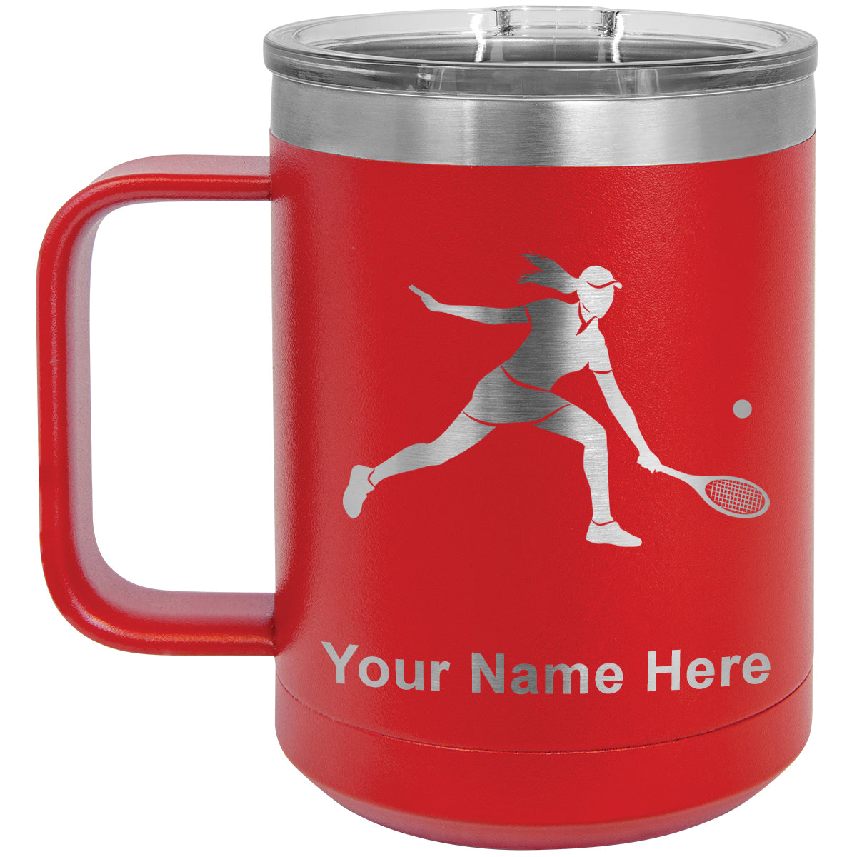 15oz Vacuum Insulated Coffee Mug, Tennis Player Woman, Personalized Engraving Included
