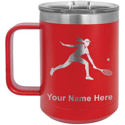 15oz Vacuum Insulated Coffee Mug, Tennis Player Woman, Personalized Engraving Included