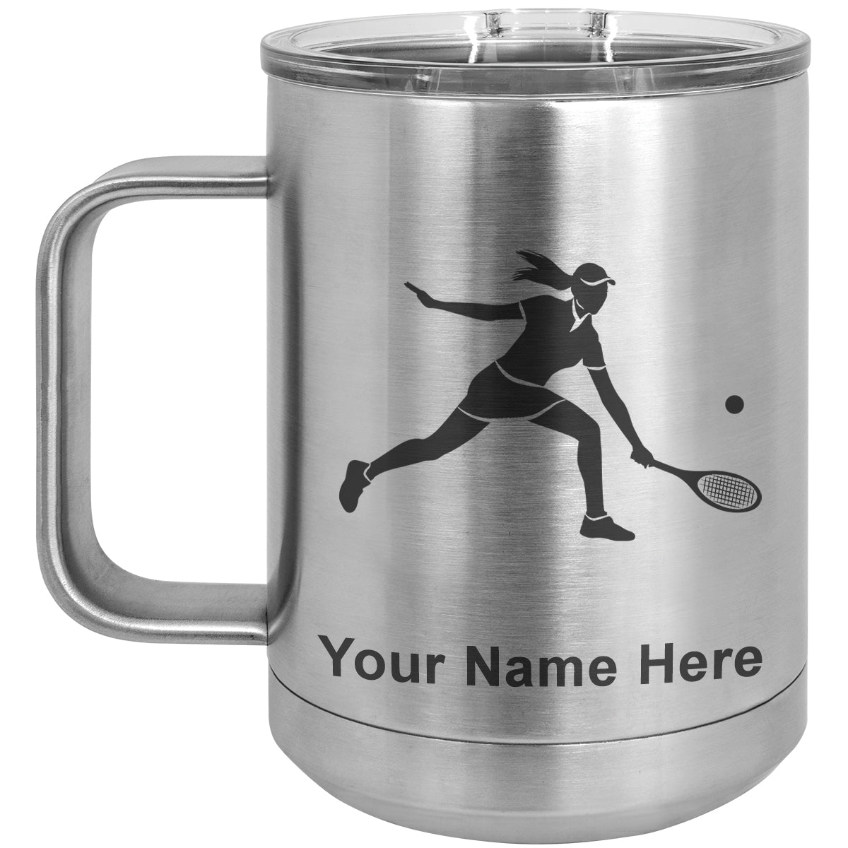 15oz Vacuum Insulated Coffee Mug, Tennis Player Woman, Personalized Engraving Included