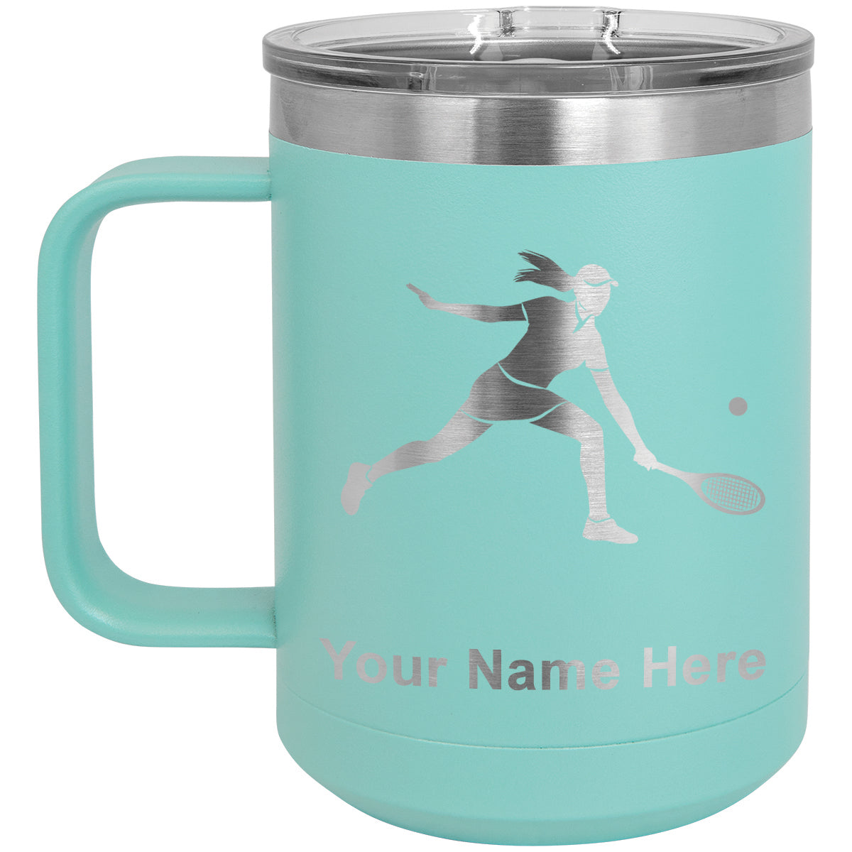 15oz Vacuum Insulated Coffee Mug, Tennis Player Woman, Personalized Engraving Included