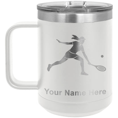 15oz Vacuum Insulated Coffee Mug, Tennis Player Woman, Personalized Engraving Included