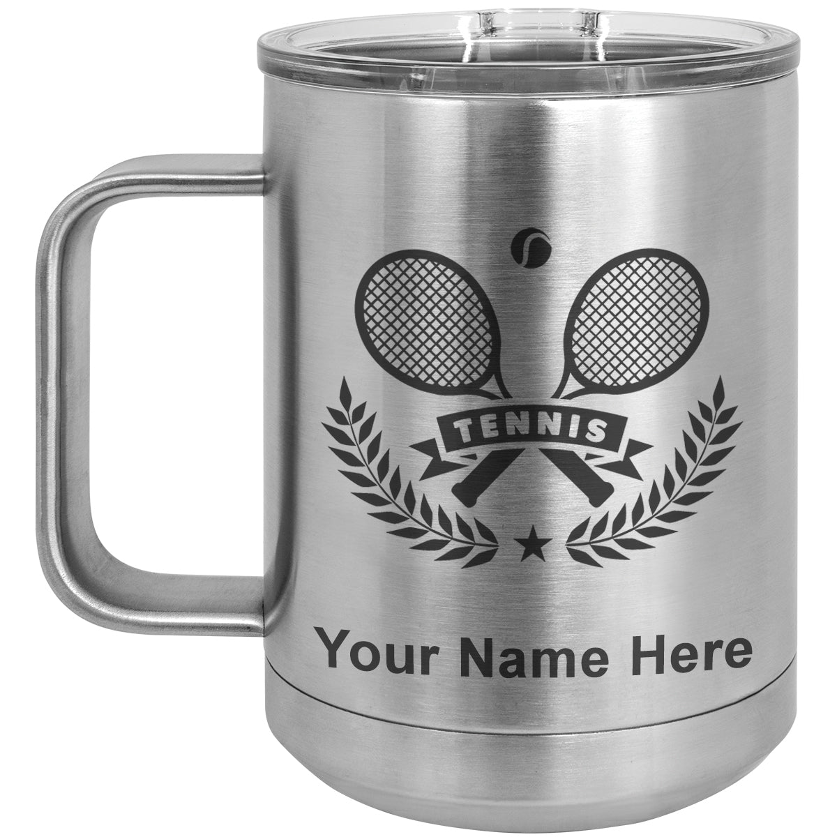 15oz Vacuum Insulated Coffee Mug, Tennis Rackets, Personalized Engraving Included