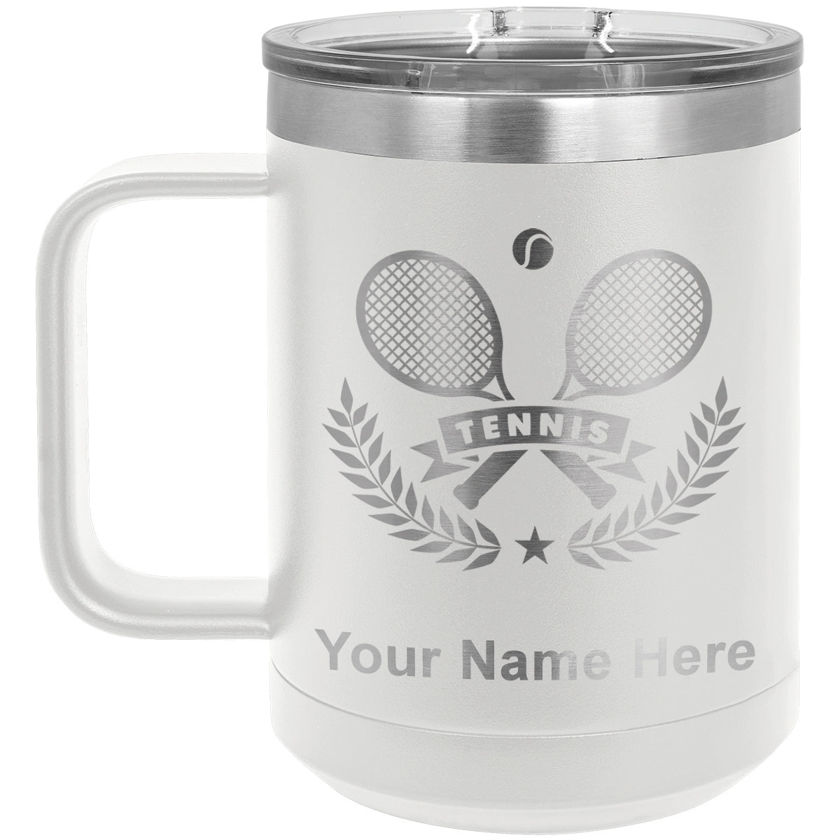 15oz Vacuum Insulated Coffee Mug, Tennis Rackets, Personalized Engraving Included
