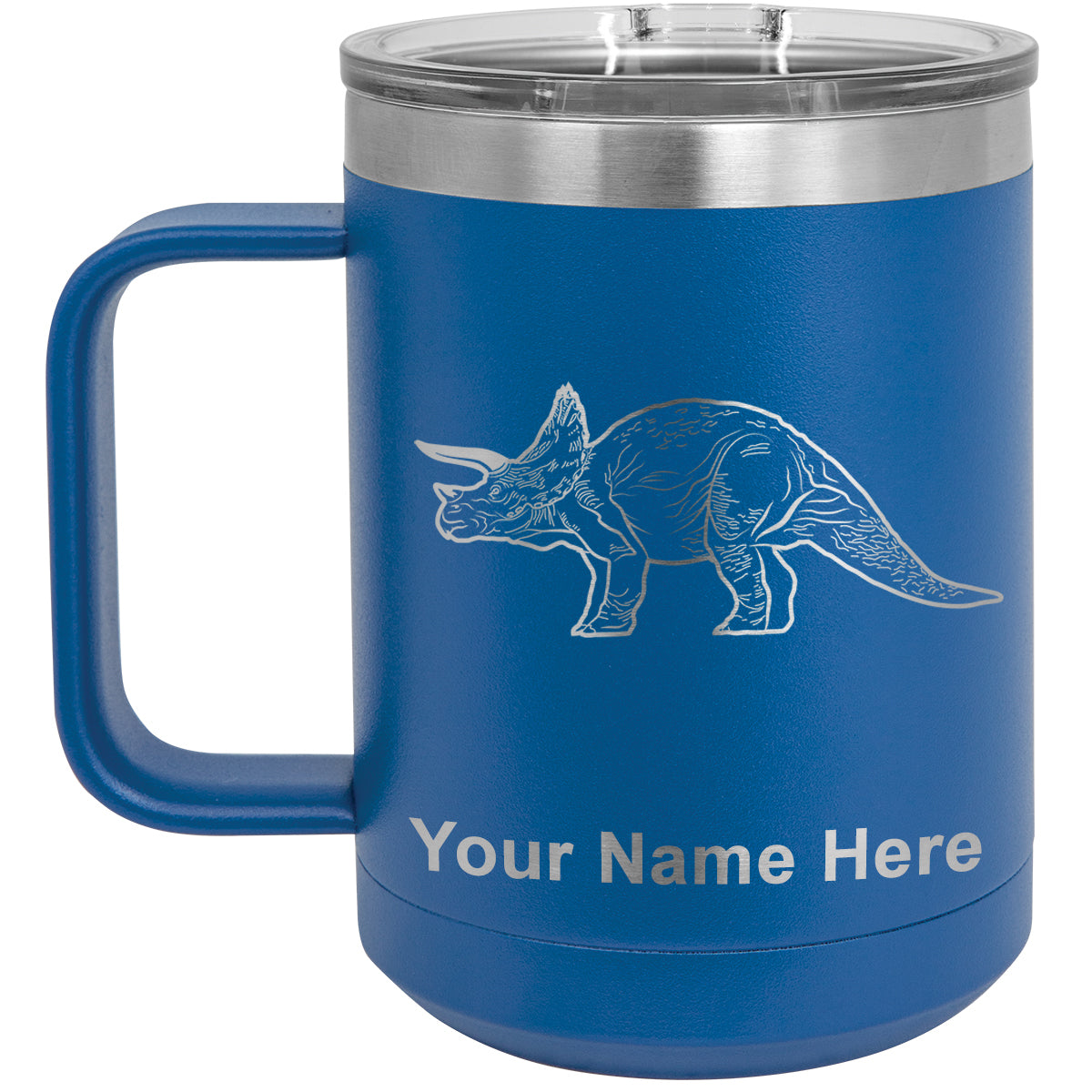 15oz Vacuum Insulated Coffee Mug, Triceratops Dinosaur, Personalized Engraving Included