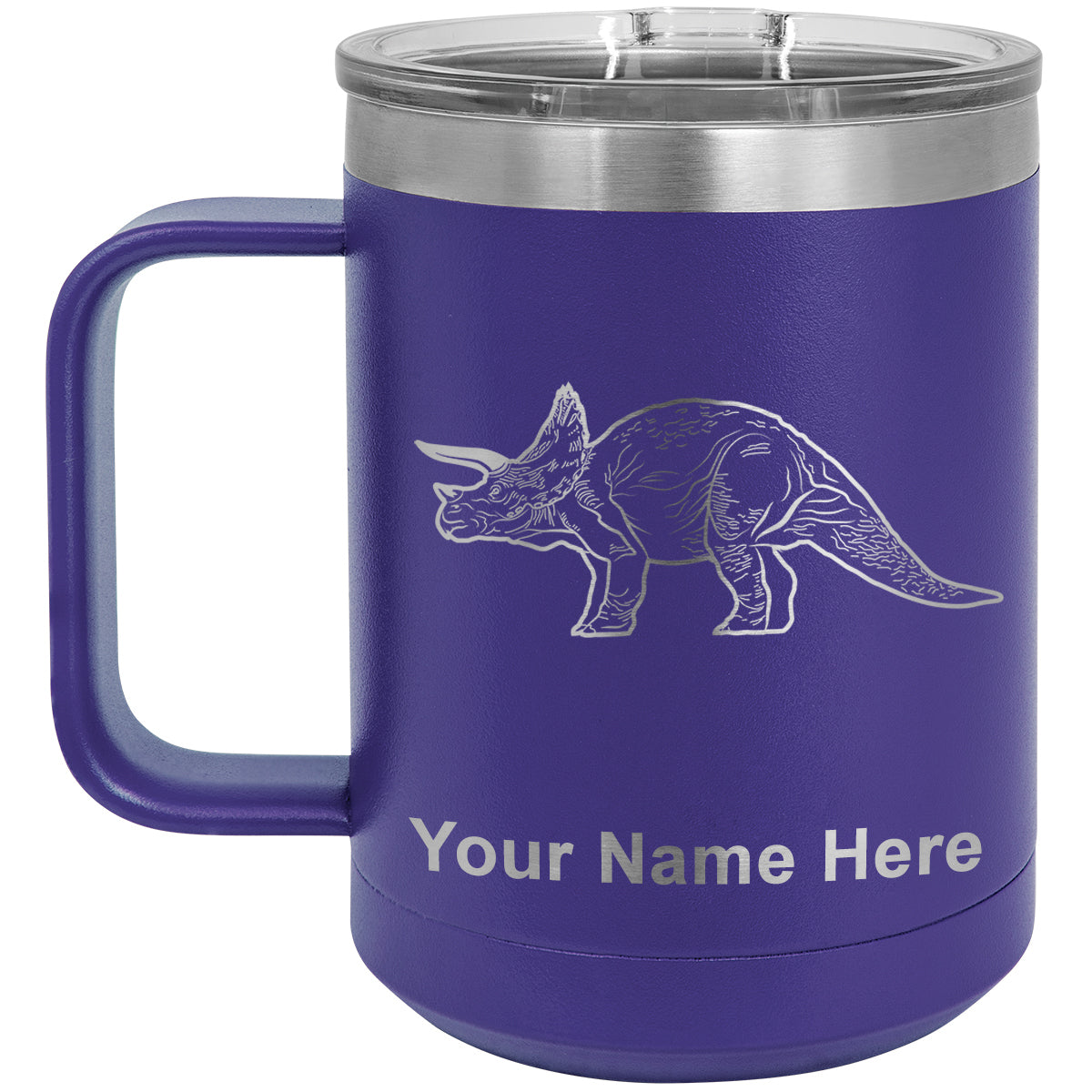 15oz Vacuum Insulated Coffee Mug, Triceratops Dinosaur, Personalized Engraving Included