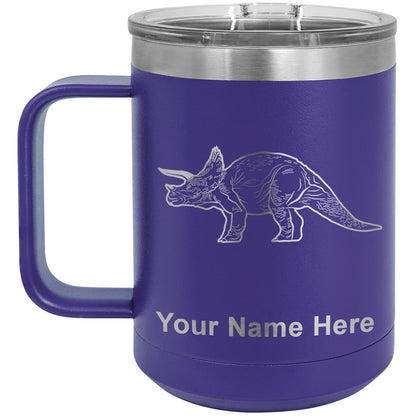 15oz Vacuum Insulated Coffee Mug, Triceratops Dinosaur, Personalized Engraving Included