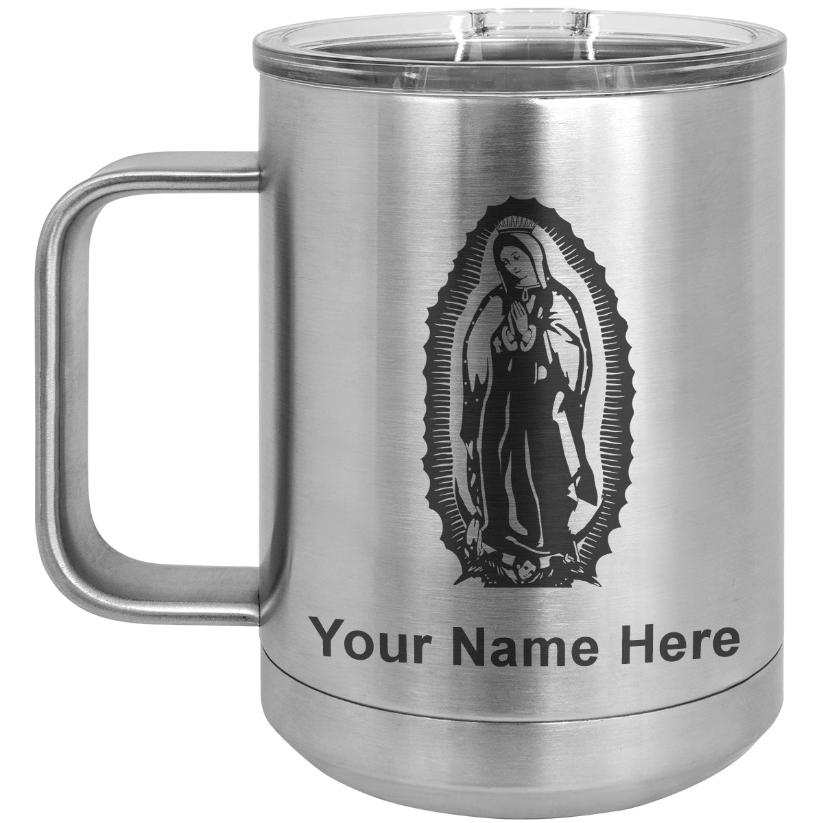 15oz Vacuum Insulated Coffee Mug, Virgen de Guadalupe, Personalized Engraving Included