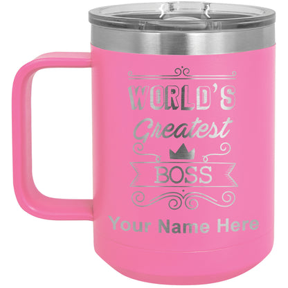 15oz Vacuum Insulated Coffee Mug, World's Greatest Boss, Personalized Engraving Included
