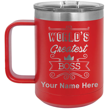 15oz Vacuum Insulated Coffee Mug, World's Greatest Boss, Personalized Engraving Included