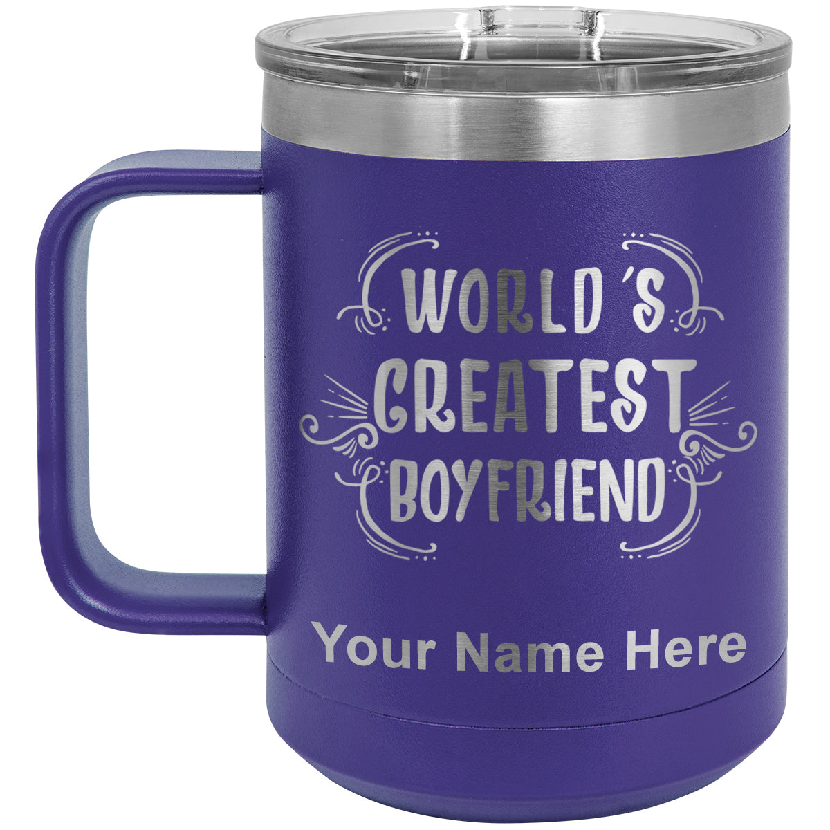 15oz Vacuum Insulated Coffee Mug, World's Greatest Boyfriend, Personalized Engraving Included