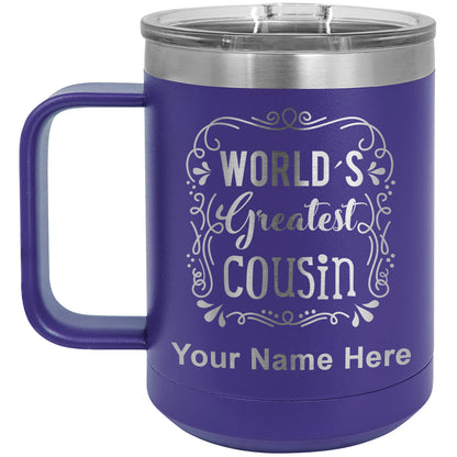 15oz Vacuum Insulated Coffee Mug, World's Greatest Cousin, Personalized Engraving Included