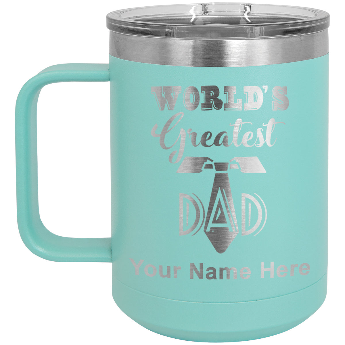 15oz Vacuum Insulated Coffee Mug, World's Greatest Dad, Personalized Engraving Included