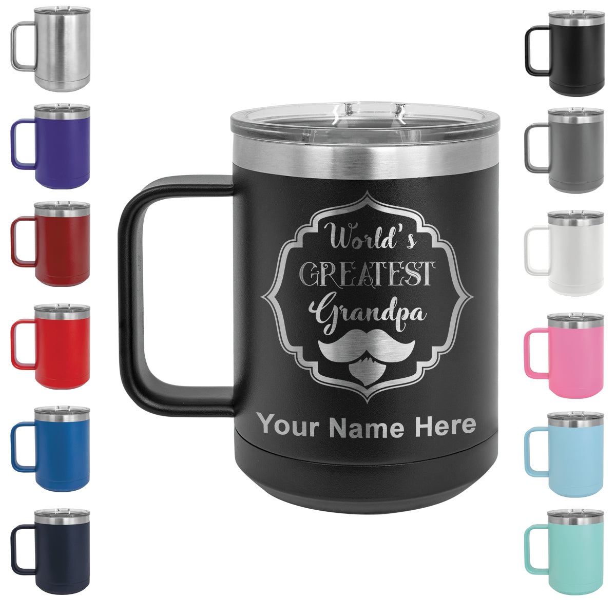 15oz Vacuum Insulated Coffee Mug, World's Greatest Grandpa, Personalized Engraving Included