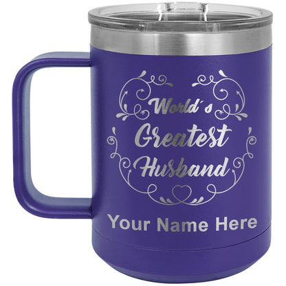 15oz Vacuum Insulated Coffee Mug, World's Greatest Husband, Personalized Engraving Included