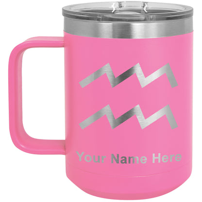 15oz Vacuum Insulated Coffee Mug, Zodiac Sign Aquarius, Personalized Engraving Included