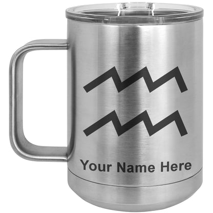15oz Vacuum Insulated Coffee Mug, Zodiac Sign Aquarius, Personalized Engraving Included