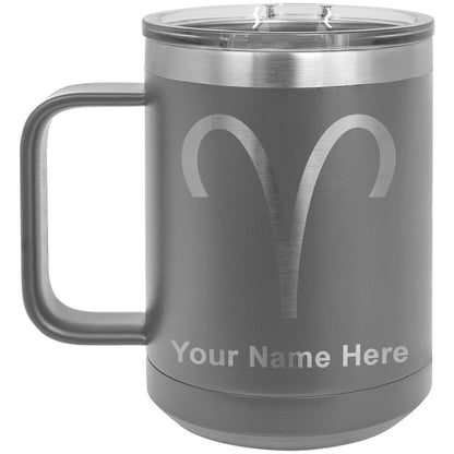 15oz Vacuum Insulated Coffee Mug, Zodiac Sign Aries, Personalized Engraving Included