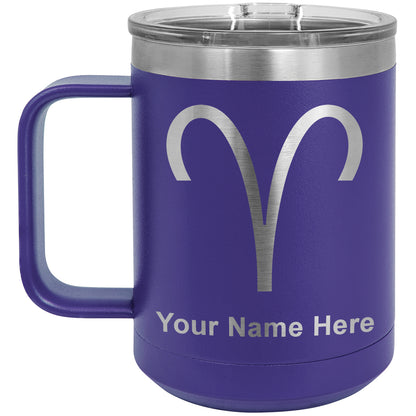 15oz Vacuum Insulated Coffee Mug, Zodiac Sign Aries, Personalized Engraving Included