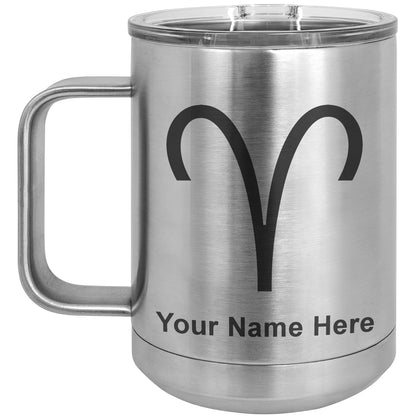 15oz Vacuum Insulated Coffee Mug, Zodiac Sign Aries, Personalized Engraving Included