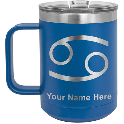 15oz Vacuum Insulated Coffee Mug, Zodiac Sign Cancer, Personalized Engraving Included