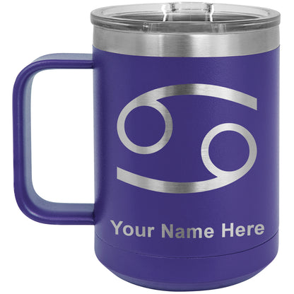 15oz Vacuum Insulated Coffee Mug, Zodiac Sign Cancer, Personalized Engraving Included