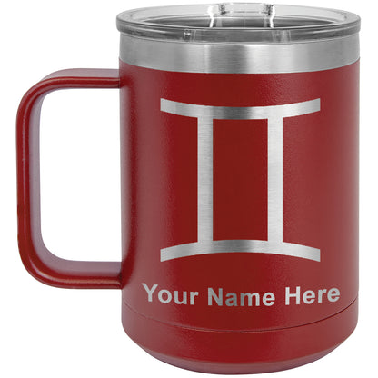 15oz Vacuum Insulated Coffee Mug, Zodiac Sign Gemini, Personalized Engraving Included