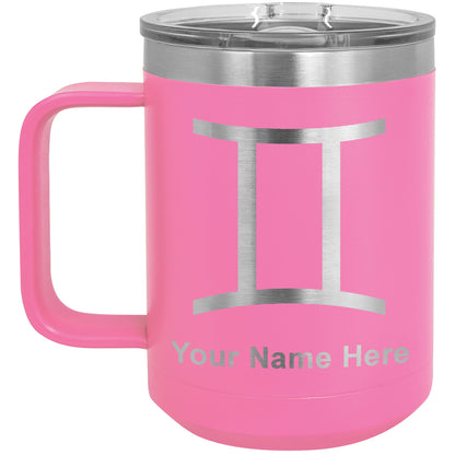 15oz Vacuum Insulated Coffee Mug, Zodiac Sign Gemini, Personalized Engraving Included