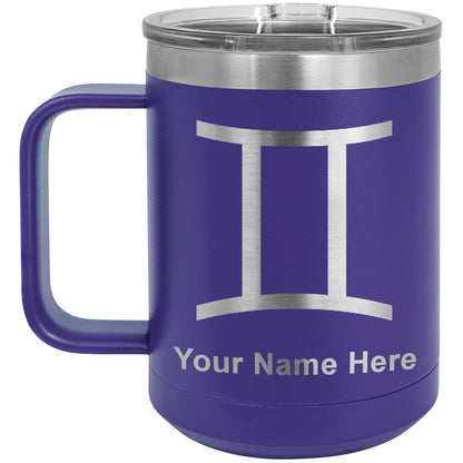 15oz Vacuum Insulated Coffee Mug, Zodiac Sign Gemini, Personalized Engraving Included