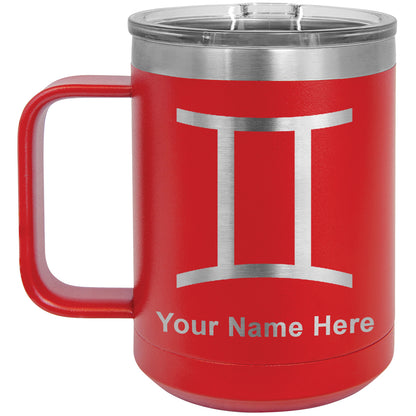 15oz Vacuum Insulated Coffee Mug, Zodiac Sign Gemini, Personalized Engraving Included
