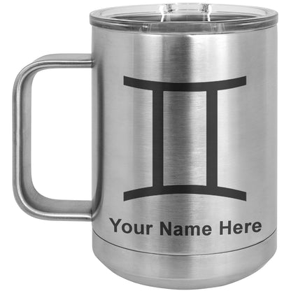 15oz Vacuum Insulated Coffee Mug, Zodiac Sign Gemini, Personalized Engraving Included